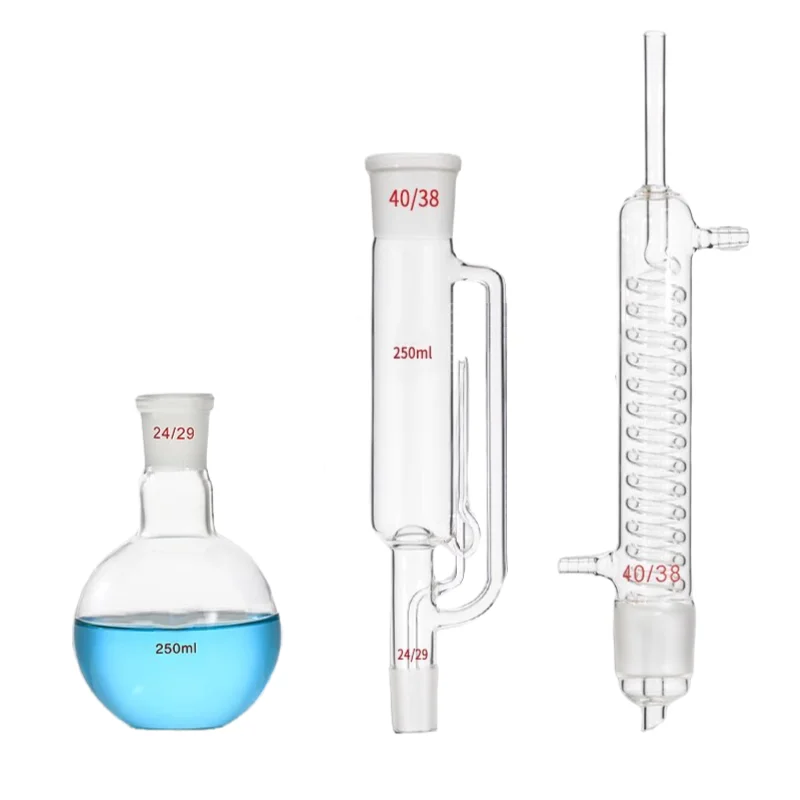 ガラス厚壁ソックスレット抽出器,コンデンサー付き脂肪抽出器,60-5000ml