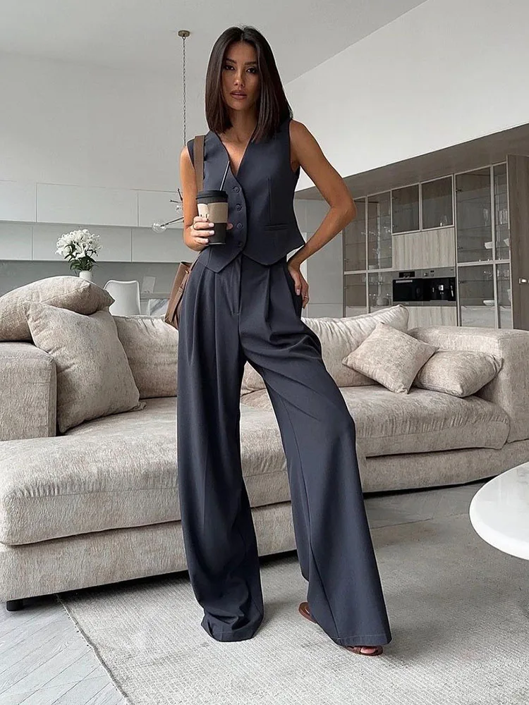 Spring New Two Piece Wide Leg Pants Set Women\'s Autumn New V-Neck Sleeveless Vest with Hanging Wide Leg Pants Casual Set