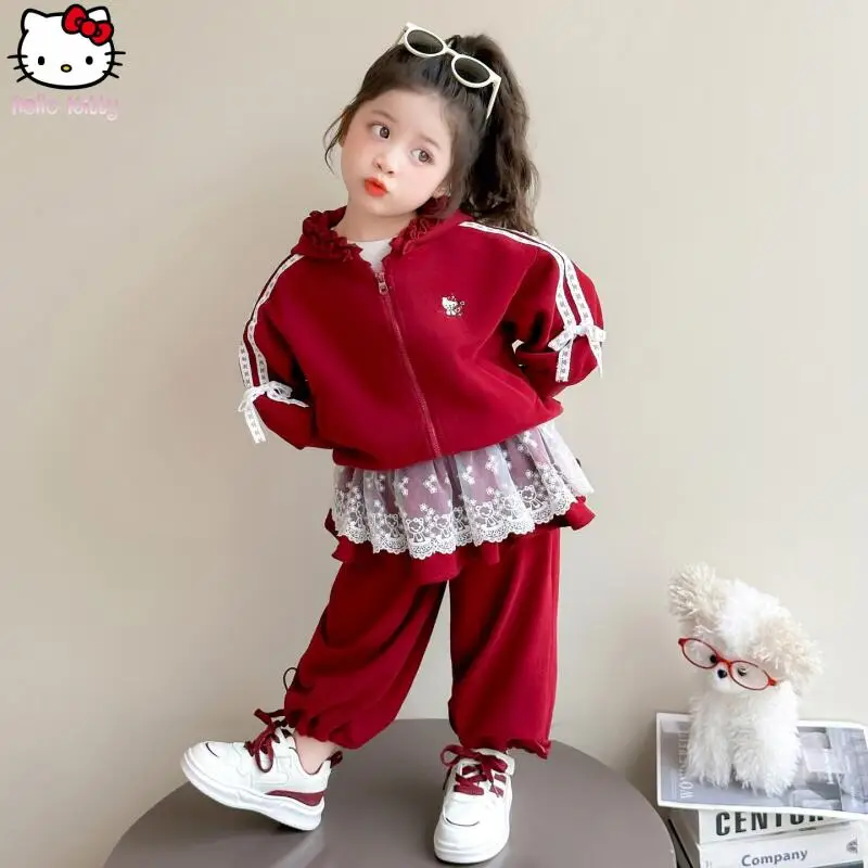

Halloween Hello Kitty Children's Hooded Jacket Pants Set Kawaii Cartoon Girl Korean Spring Autumn New Anime Casual Two Piece Set