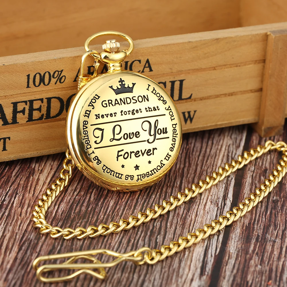 Luxe Goud Aan Mijn Kleinzoon Engaved I Love U Zakhorloge Ketting Fob Horloges Mannen Kids Kinderen Dag Klok met Haak Keten