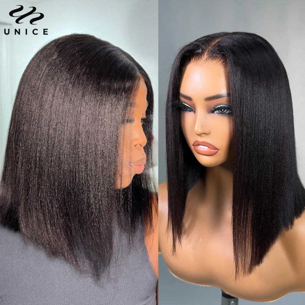 UNice Hair Bye Bye Knots 7x5 Yaki Straight Bob Wig Pre Cut Pre Bleached Glueless Wigs Human Hair Ready To Wear Go 150% Density