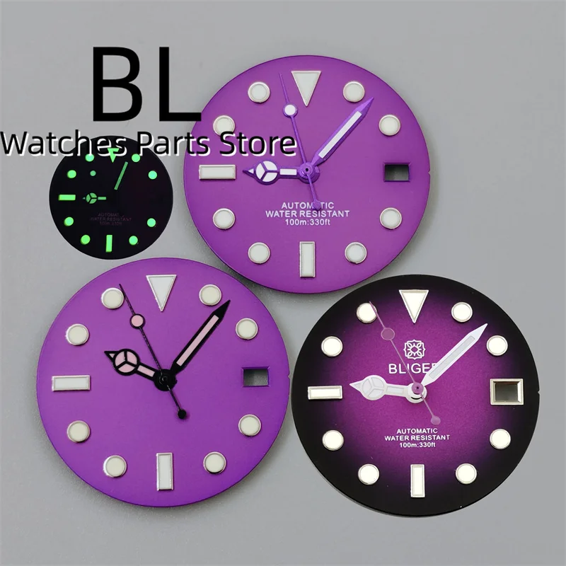 

BLIGER 29mm Gradient Black Purple Pink Purple Fuchsia Watch Dial Hand Set With C3 Green Luminous Fit For NH34 NH35 NH36 Movement