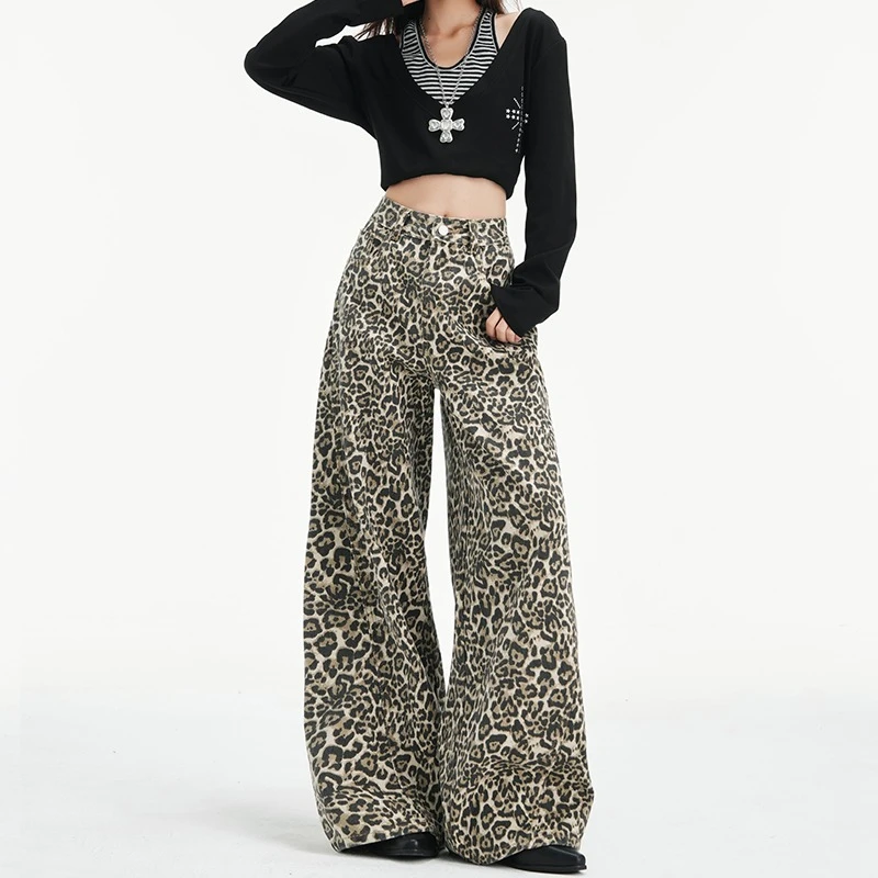 

НОВЫЕ джинсы Y2K с леопардовым принтом для женщин, широкие брюки с высокой талией, американские ретро-брюки в уличном стиле, модные джинсовые штаны