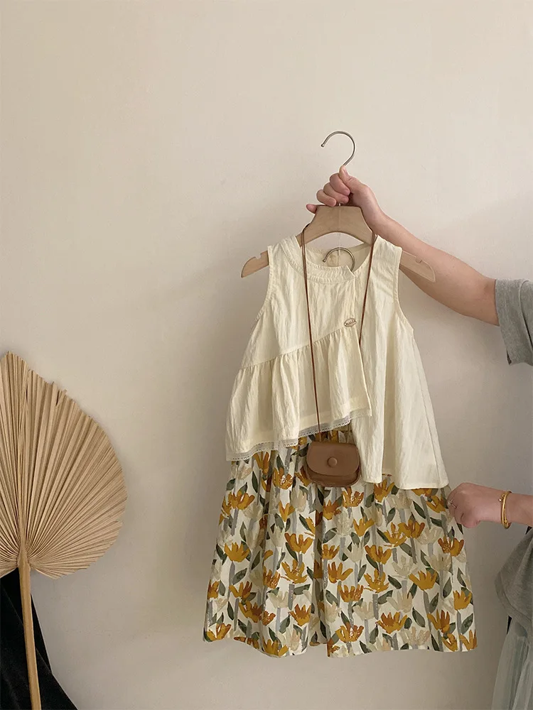 

Girls Flower Bag Set Summer2025New Stylish Fashionable Baby Girl Vest and Wide-Leg Pants Two-Piece Set Trendy