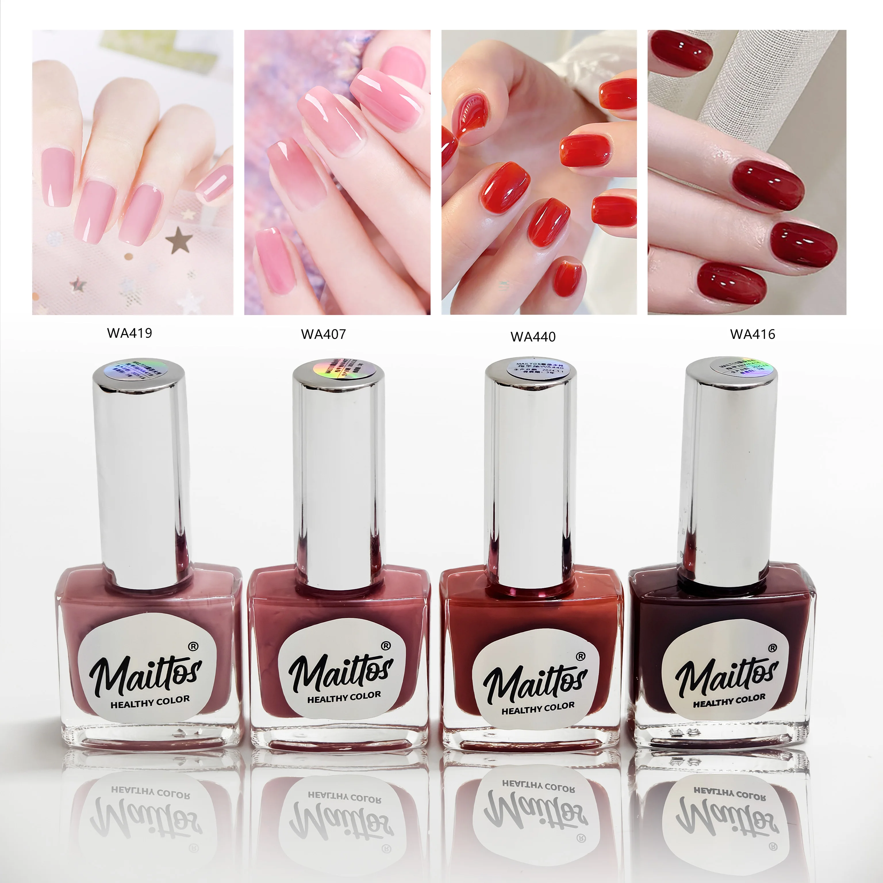 

12mlx4 [407/416/419/440]Pink, Nude, Red, Ruby Water-based Nail Polish, Oderless, dry quickly, No need UV lamp, easy tear