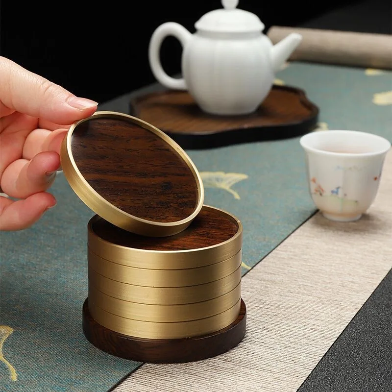 المنزل الحلي الأبنوس قاعدة أكواب من الخشب الصلب عدم الانزلاق مقاومة للحرارة فنجان شاي حامل مكافحة السمط النحاس الخشب حصيرة مستديرة مكتب #2