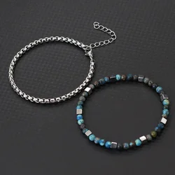 Stylish 2Pcs Men Bracelet Set 4mm Stainless Steel Cuban Chain Braslet Square Hematite Stone Healing Braclet Cycling Accessories