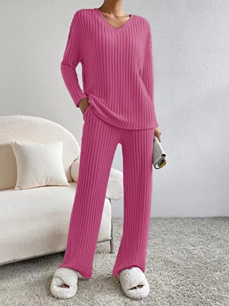 2024 Casual Sets For Women 2 Pieces Autumn New Loungewear Loose V-Neck Long Sleeve Top And Pit Strip Knitted Straight Pants Suit