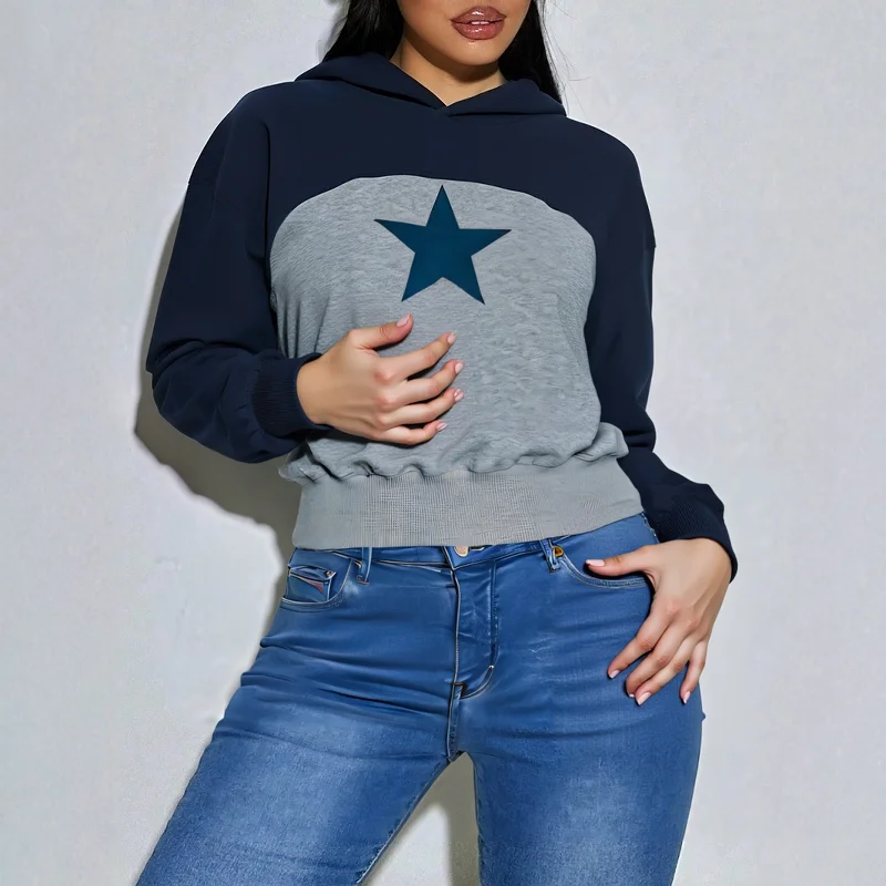 Mia Muse Women'S Sweatshirts Autumn Stitching Five-Pointed Star Color Block Elastic Long Sleeve Pillover Hoodie Casual Sweatshir