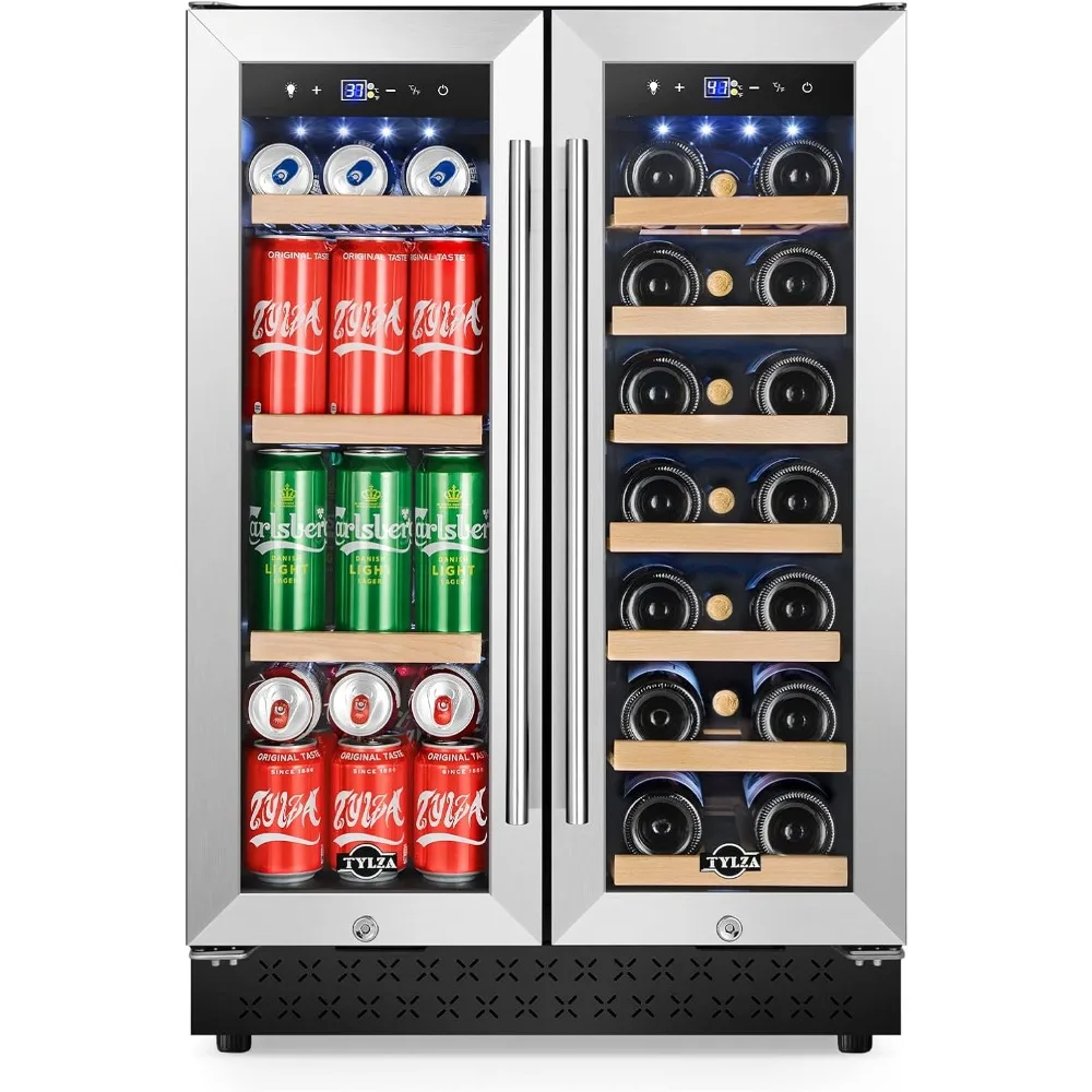 Upgraded Wine and Beverage Refrigerator 24 Inch, Dual Zone Wine Beverage Cooler with French Door, Under Counter