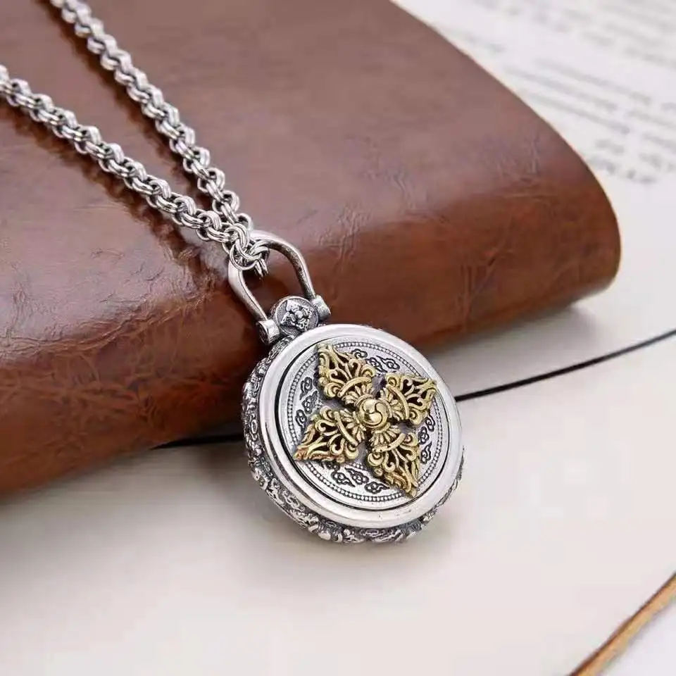 Feng Zhaocai Jinbao Original Pure Silver Retro Diamond Stall Rotating Pendant with Six Character True Words for Men and Women Ne