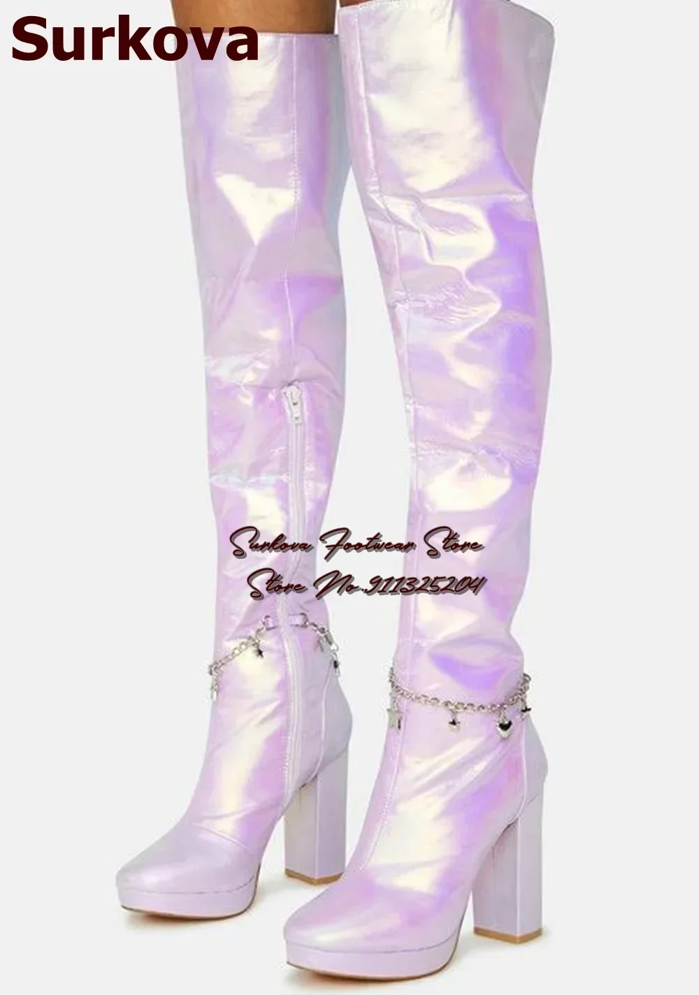Surkova Lilac Fluorescent Fairy Star Thigh High Boots Chunky Heels Platform Ankle Chain Metal Ddecorated Over-the-knee Boots