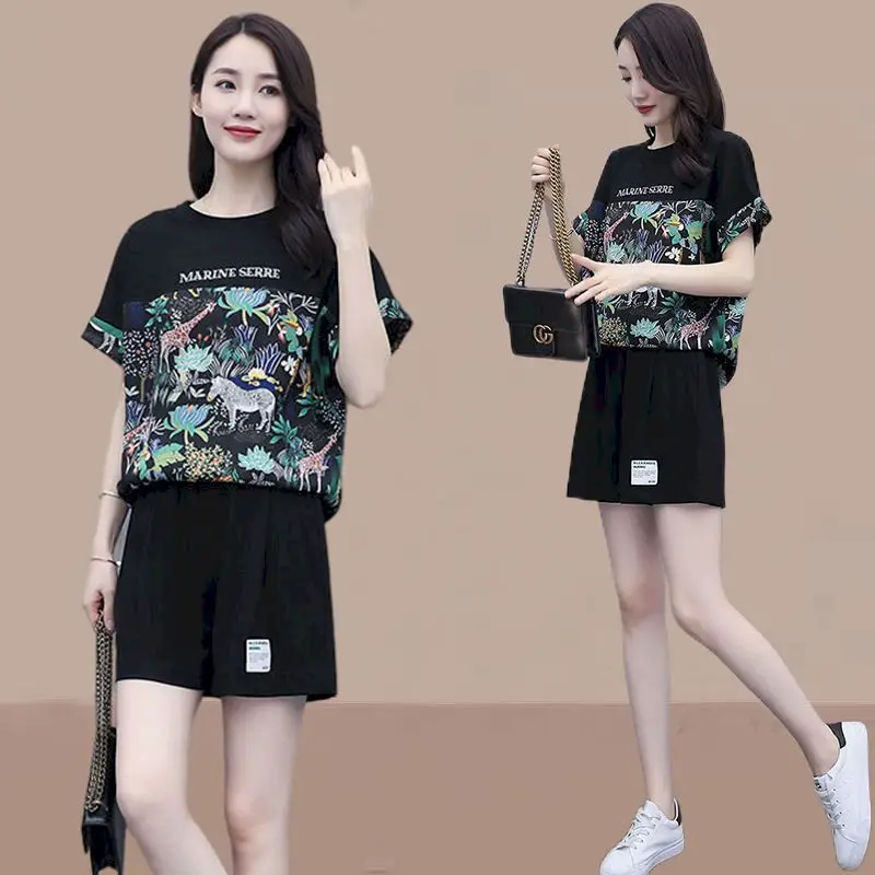 Fashion T Shirt Suits Women 2024 Summer Loose Oversized Design Sense Printing T-shirt Casual Shorts 2 Piece Sets Womens Clothes