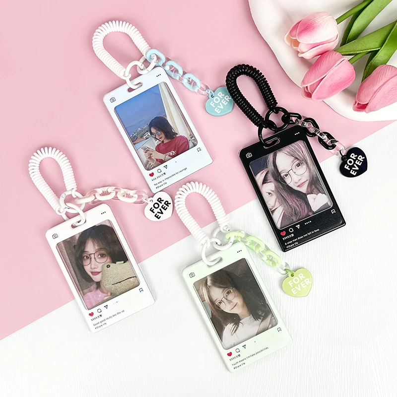 1pc Ins Style Transparent Card Holder+Spring Rope+Heart-Shaped Pendant，DIY Photo Decor Holder ID Card Bus Card Protector
