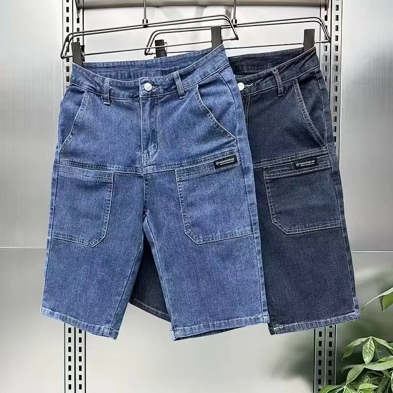 

Summer New Fashionable Solid Color Outdoor Sports Straight Leg Elastic Denim Shorts For Men's Casual Loose High-Quality Jeans