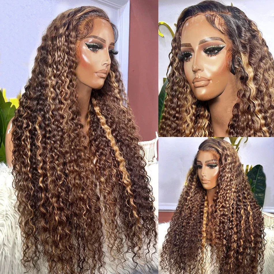 38 Inch Highlight Honey Brown Lace Front Human Hair Wigs Deep Wave 13x4 13x6 Remy Ombre Colored Curly Lace Frontal Wig For Women