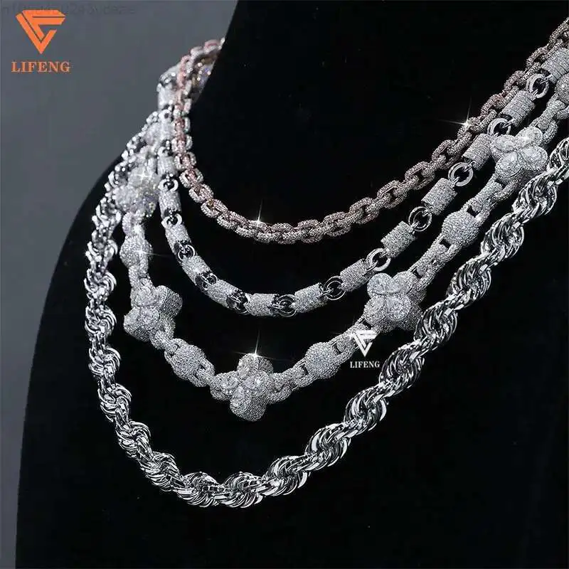 

Sterling Silver Custom Men Hip Hop Jewelry Iced Out VVS Moissanite Diamond Clover Motif Style Infinity Link Rope Chain Necklace