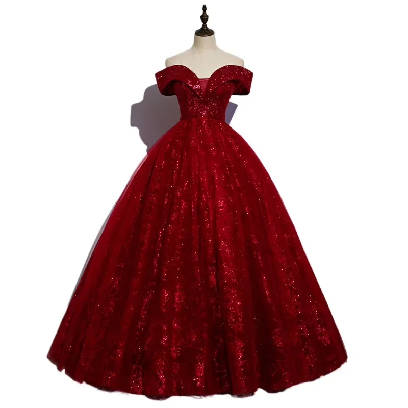 Nuevo vestido de noche largo y elegante con un solo hombro para azafata y examen de arte, vestido de tul rojo para mujer