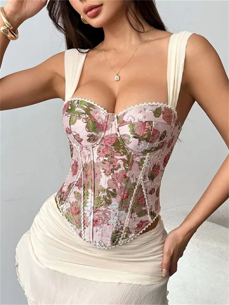Shestyle Pink Flower Rose Print Corset Women Retro Tank Strap Underwire Chest Wrapping Pads Cup Camisole Slim Lace Up 2026