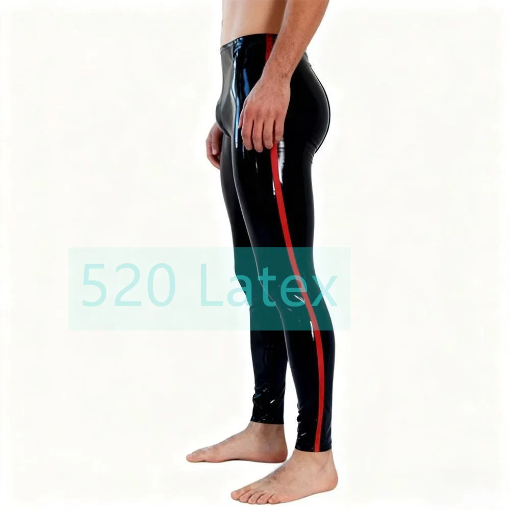 

Natural Latex Man Pants With Side Red Trims Fetish Rubber Male Trousers Men's Latex Leggings 0.4mm No Zip Cosplay Costume
