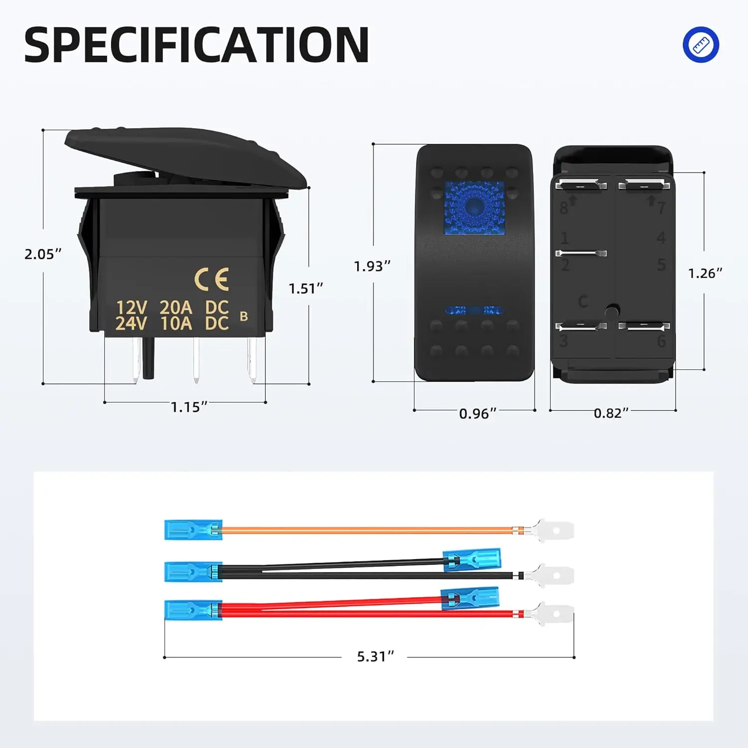 2 Marine Rocker Switches, 12V 20A, Blue LED Light Bar Switch, 5-Pin SPST On/Off, for UTV RZR AUTO Boat, with Cables