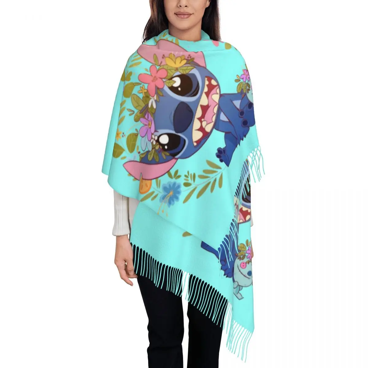 

Custom Cartoon Stitch Tassel Scarf Women Soft Shawl Wrap Lady Winter Fall Scarves