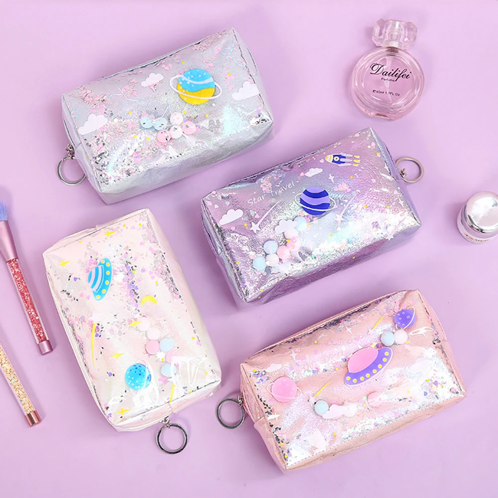 Kawaii Large Glitter Star Pencil Case Laser Leather Pen Box Makeup Bag School Stationery Travel Supplies