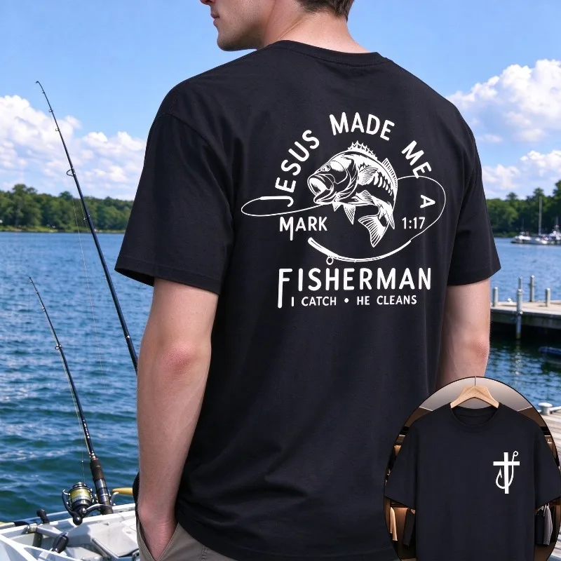 Jesus Made Me A Fisherman Mark 1:17 T-Shirt Men Modal Short Sleeve Fishing Graphic Outdoor Casual Faith Tee Vintage Outdoor