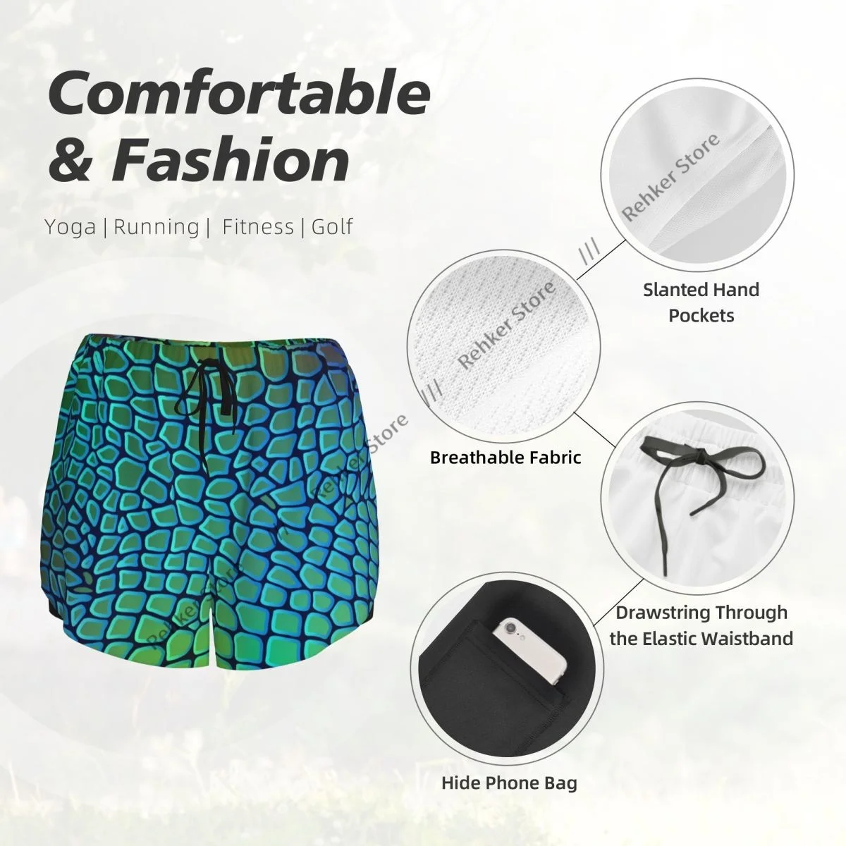 Animal cobra texturas crocodilo feminino dupla camada shorts atléticos de secagem rápida para corrida ao ar livre fitness treino esporte