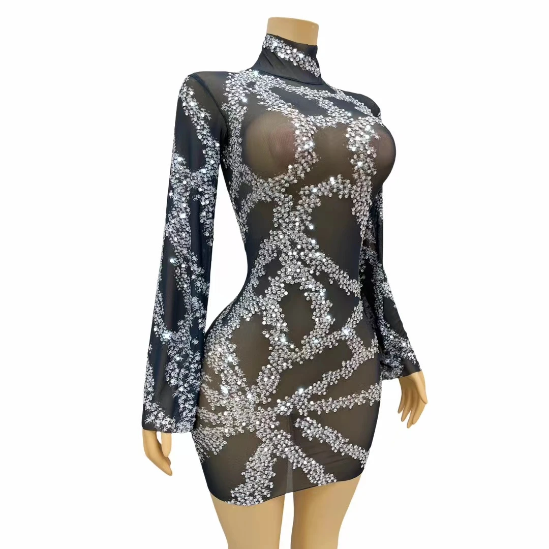 Sparkly White Rhinestones Women Short Dresses Sexy See Through Bodycon Mini Dress Birthday Celebrate Party Custome Huacai ﻿