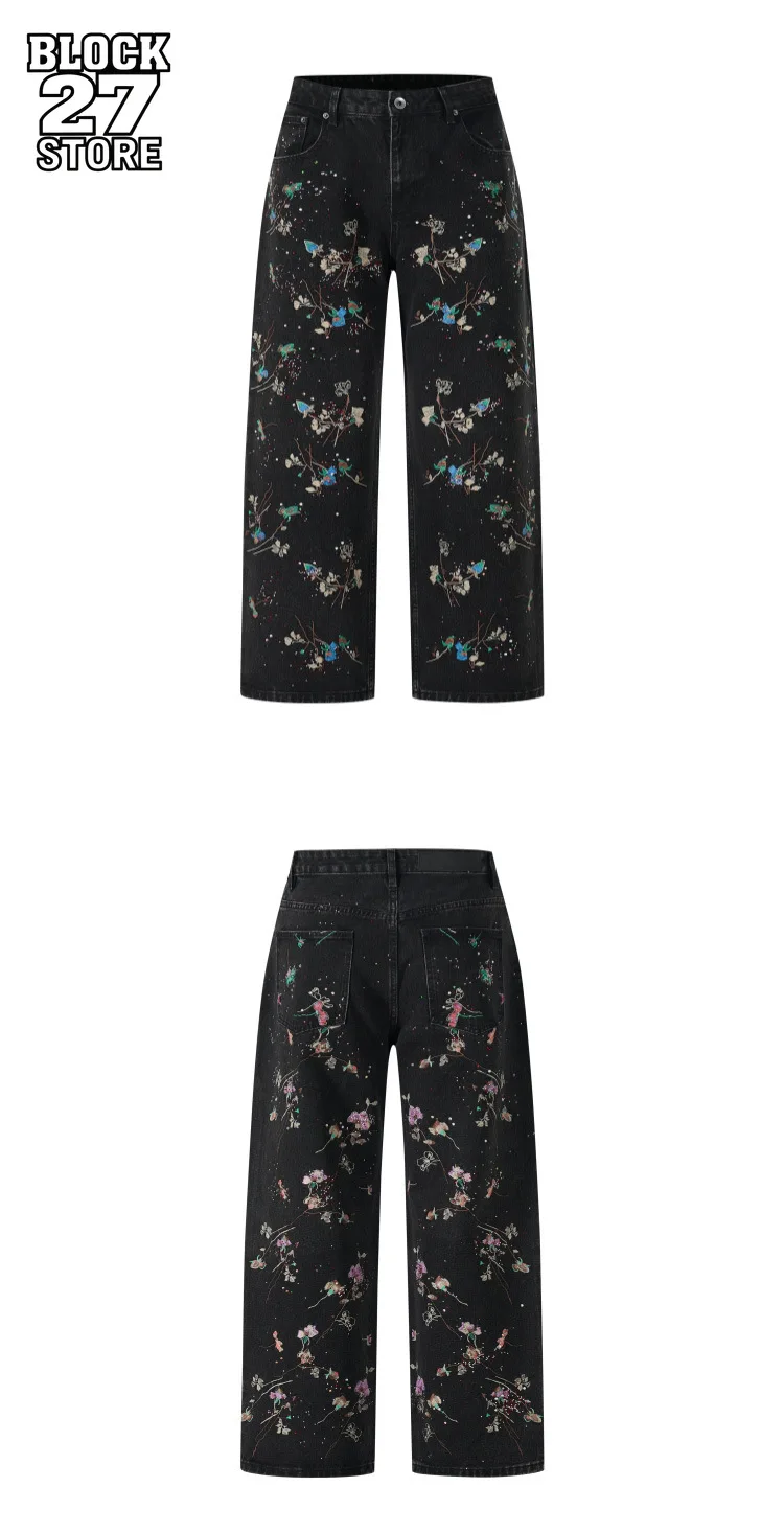 Hip Hop Vintage Floral Embroidered Jeans Unisex Y2k Streetwear High Street Loose Wide Leg Denim Pants Casual Harajuku Trousers