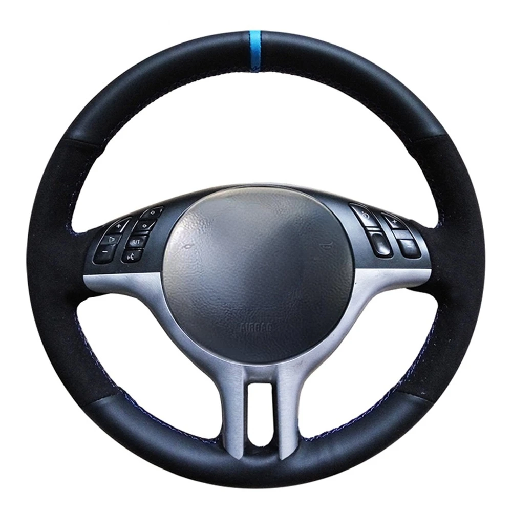 Car Steering Wheel Cover Hand-stitched Black Genuine Leather Suede For BMW E46 325i E39 E53 X5