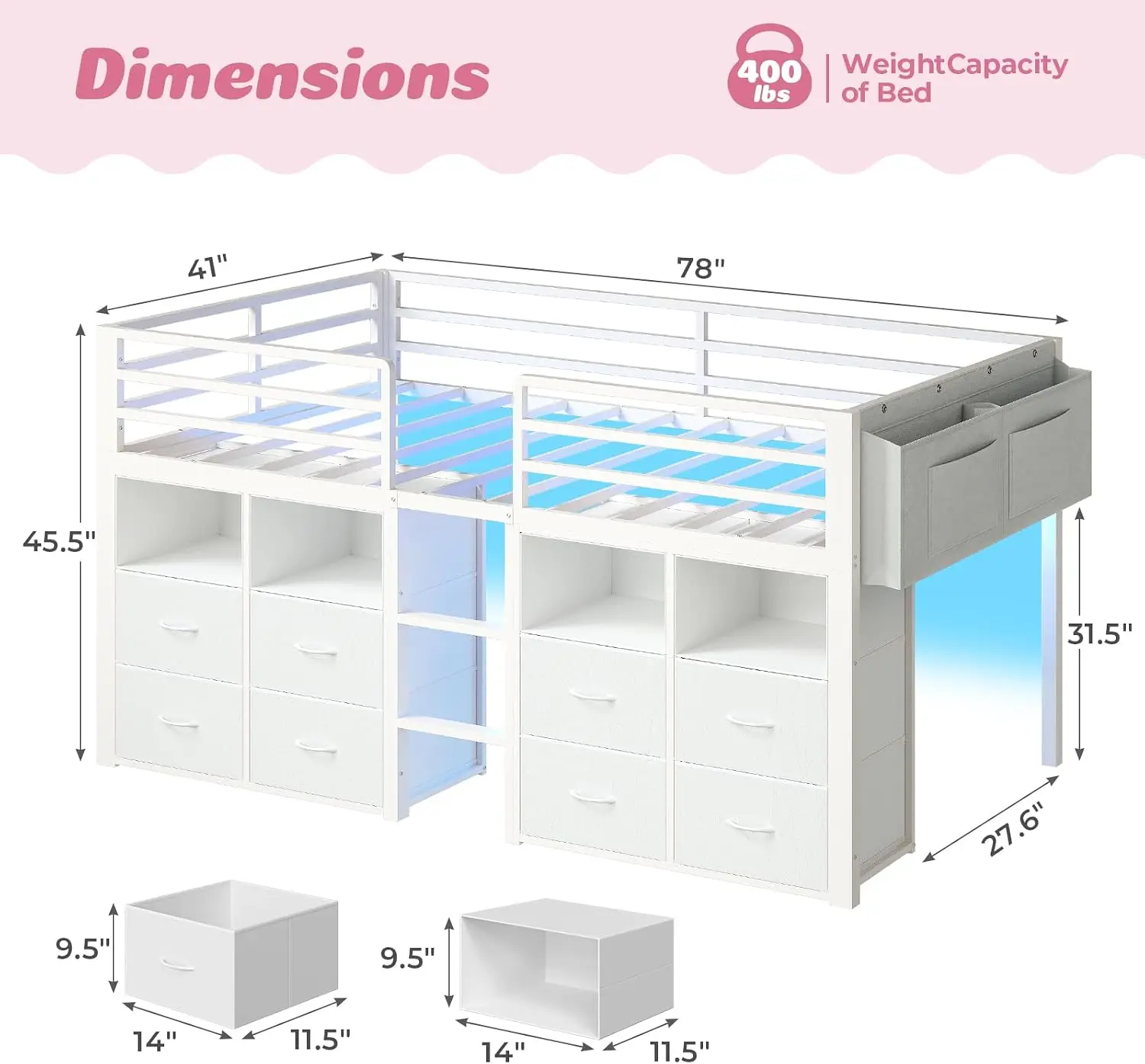 Twin Size Low Loft Bed 8 Storage Drawers Kids White Storage Bookcases LED Lights 14 Inch Safety Guardrail Space Saving Squeak Re