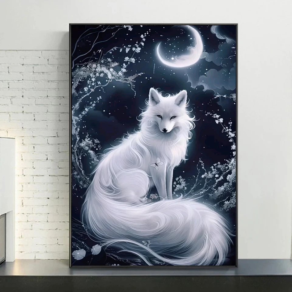 2024 Diamond Painting Art Mosaic Jewelry Cross Stitch Kit Fantasy White Fox Moon  5D DIY Rhinestone Embroidery Home Decor Gift