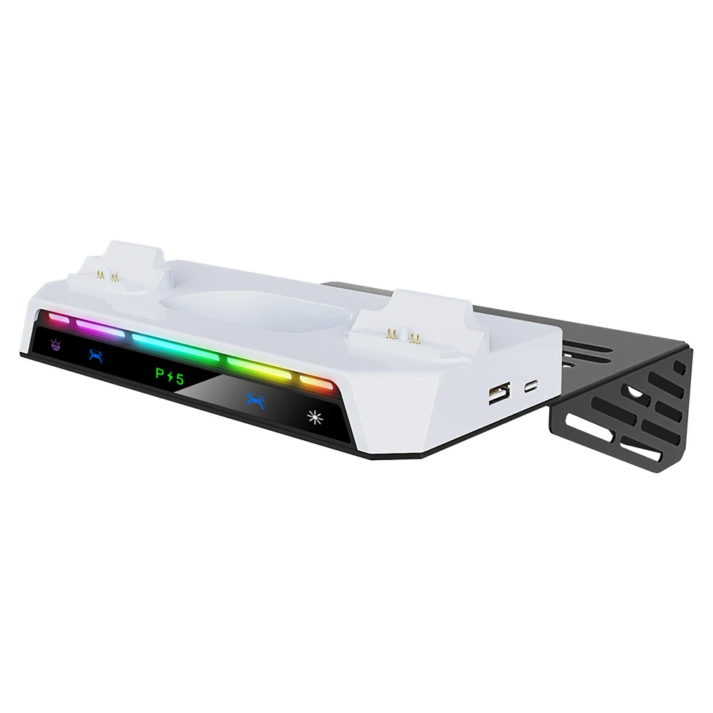 طقم تثبيت على الحائط مع محطة شحن RGB دعامة حائط خفيفة مع حامل سماعة الرأس وحامل حائط للقرص النحيف PS5/PS5 ووحدة التحكم الرقمية