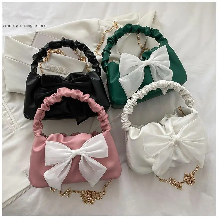 Bow Decoration Small Bag Fashionable Sweet Cute Pleated Simple Temperament Crossbody Small Bag Casual