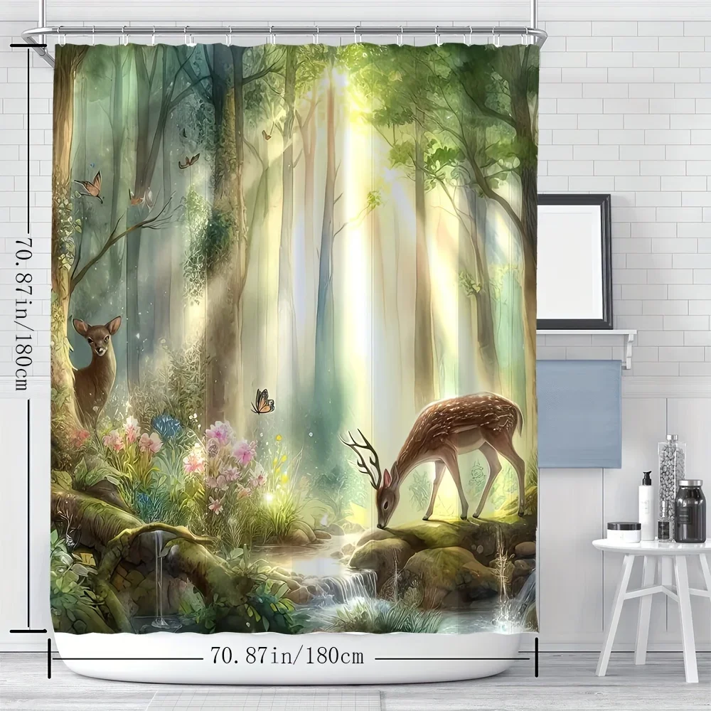 

Очаровательная лесная занавеска для душа - рога оленя, висящая на стене гостиной под солнечным светом, украшение спальни