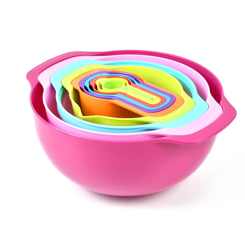 

10Pcs/set Colorful Mixing Bowls Nesting Bowls Stackable Measuring Cups Sieve Strainer Multifunctional Colander Salad Baking Tool