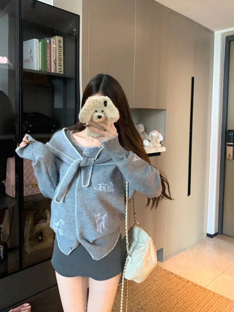 

Женская вязаная толстовка Lazy Girl с вышивкой собаки, свободного кроя, с эффектом омоложения, с бантом и завязками, весенняя коллекция