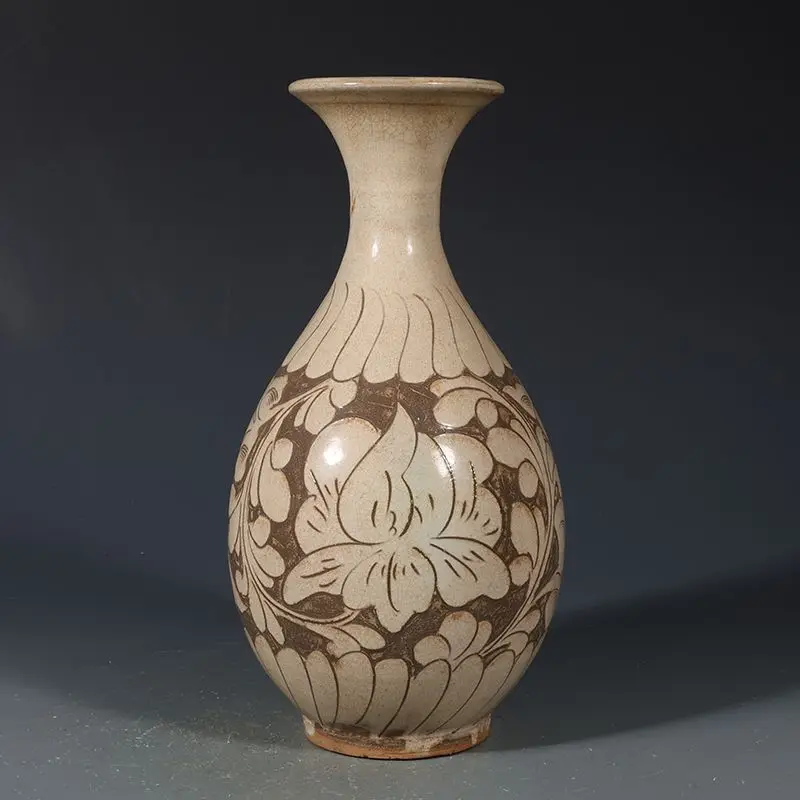 Song Style Cizhou Kiln Cream White Ground Black Sgraffito Interlocking Flower Pear Shaped Yuhuchun Vase Chinese Table Decor