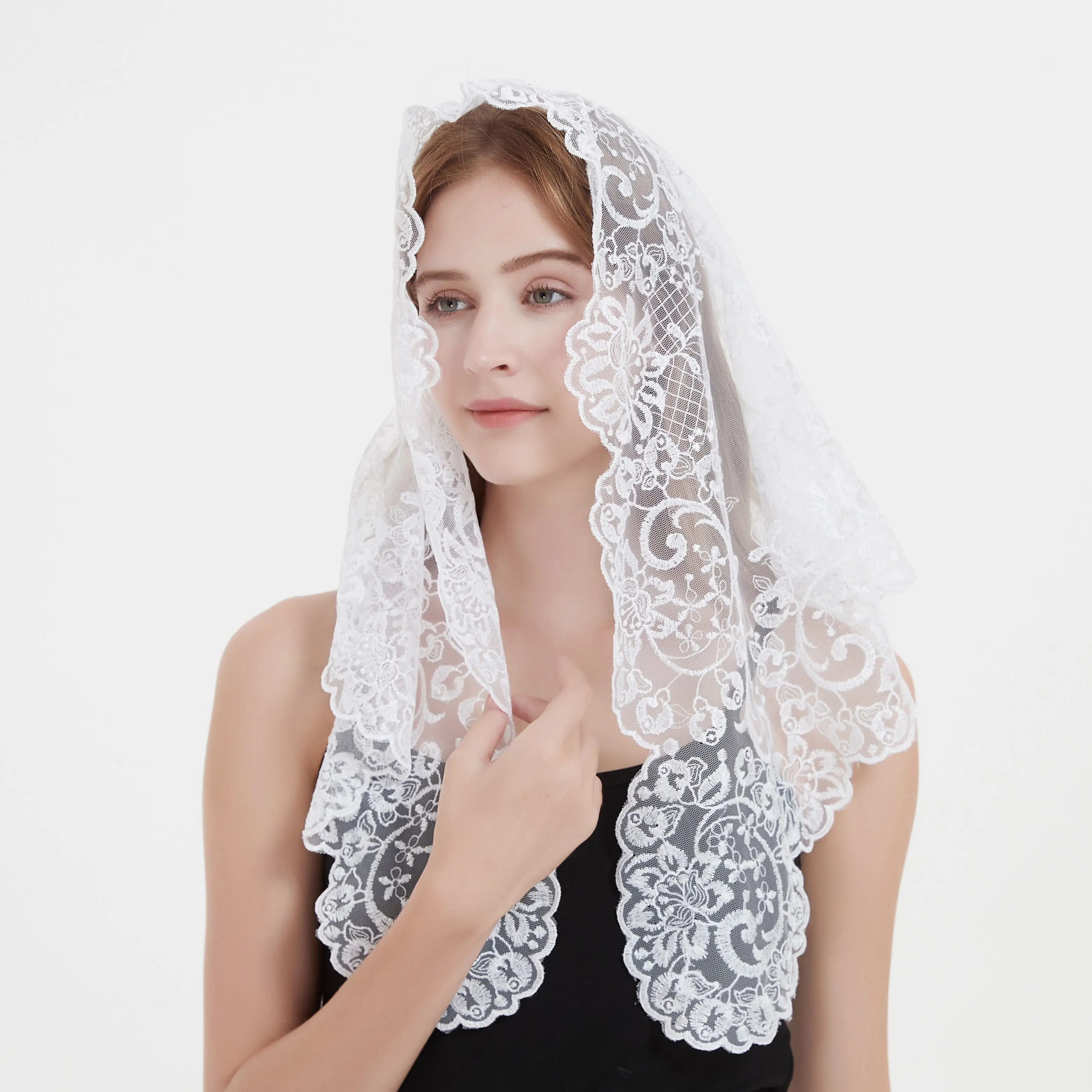 Mantilla de encaje de estilo español bordado blanco, velo católico de boda, Iglesia