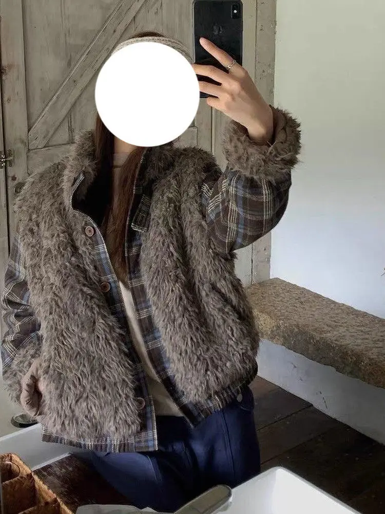 

Korean Sle Winter Thiened Warm Plaid Fluffy Cotton Jaet Women's Loose Fit Outerwear Long Sve Tee Piece Set