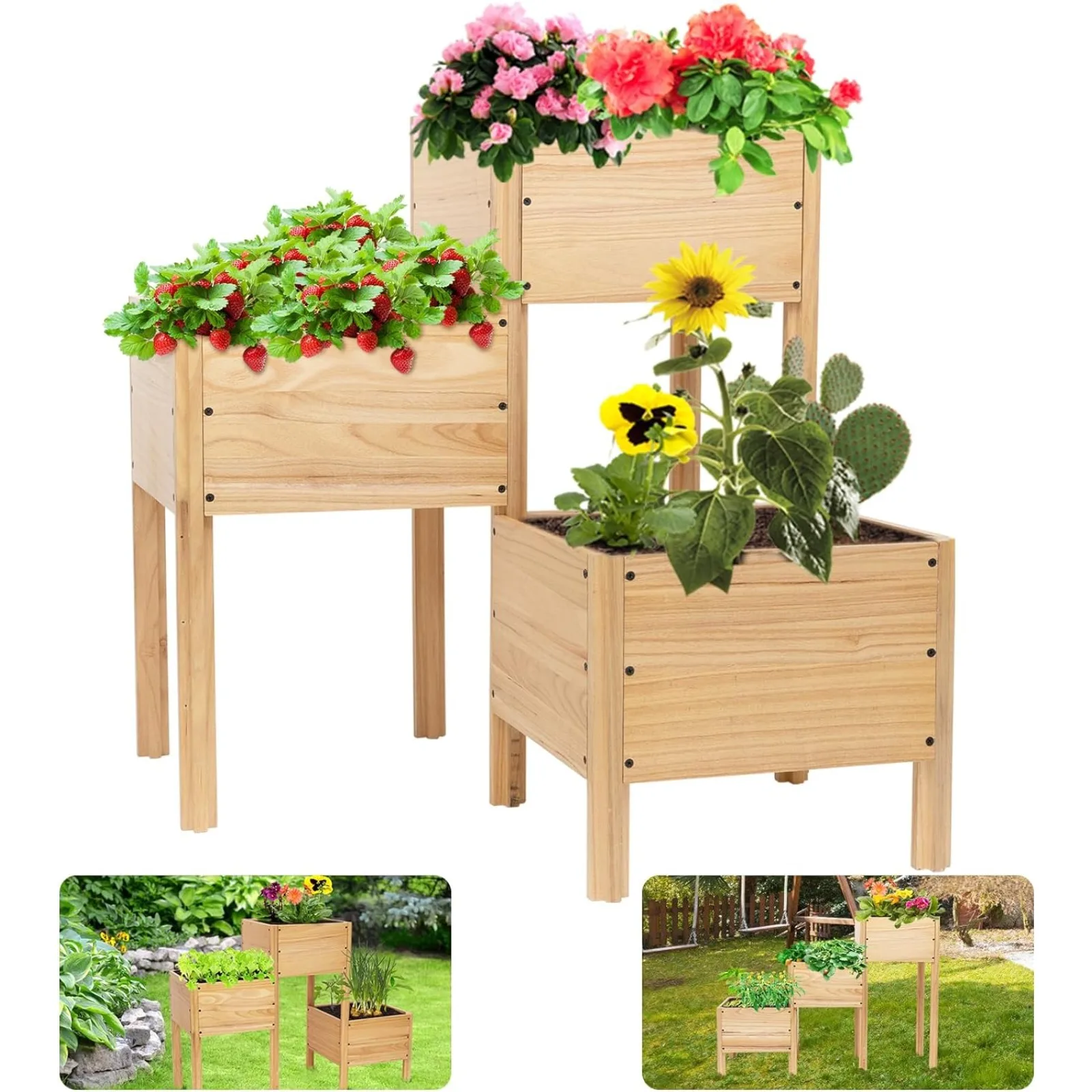 USAulock 3-Tiered Wooden Raised Garden Bed - Adjustable Raised Planter Boxes, Large Space