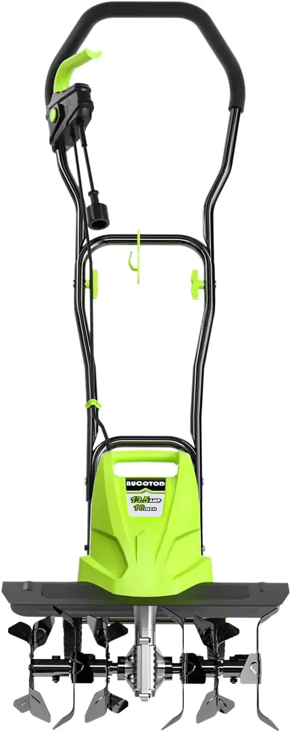 

Electric Corded Tiller Cultivator 18 Inch 135 Amp 6 Steel Tines 3 Adjustable Wheels Foldable Handle 8 Inch Tilling Depth for Gar