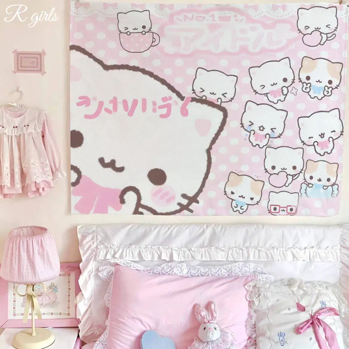VIKAMA Kawaii Rosa Katzen-Wandteppich Niedlicher Cartoon-Kätzchen-Polka-Dot-Wandbehang für Mädchenzimmer Weiche Dekoration Wandbehang Wandteppich – Detail 1