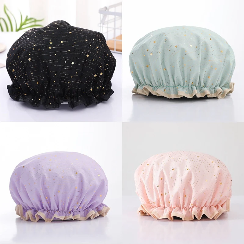 Paquete de 4 gorros de ducha reutilizables impermeables, gorro de ducha de baño elástico, gorro de baño de doble capa