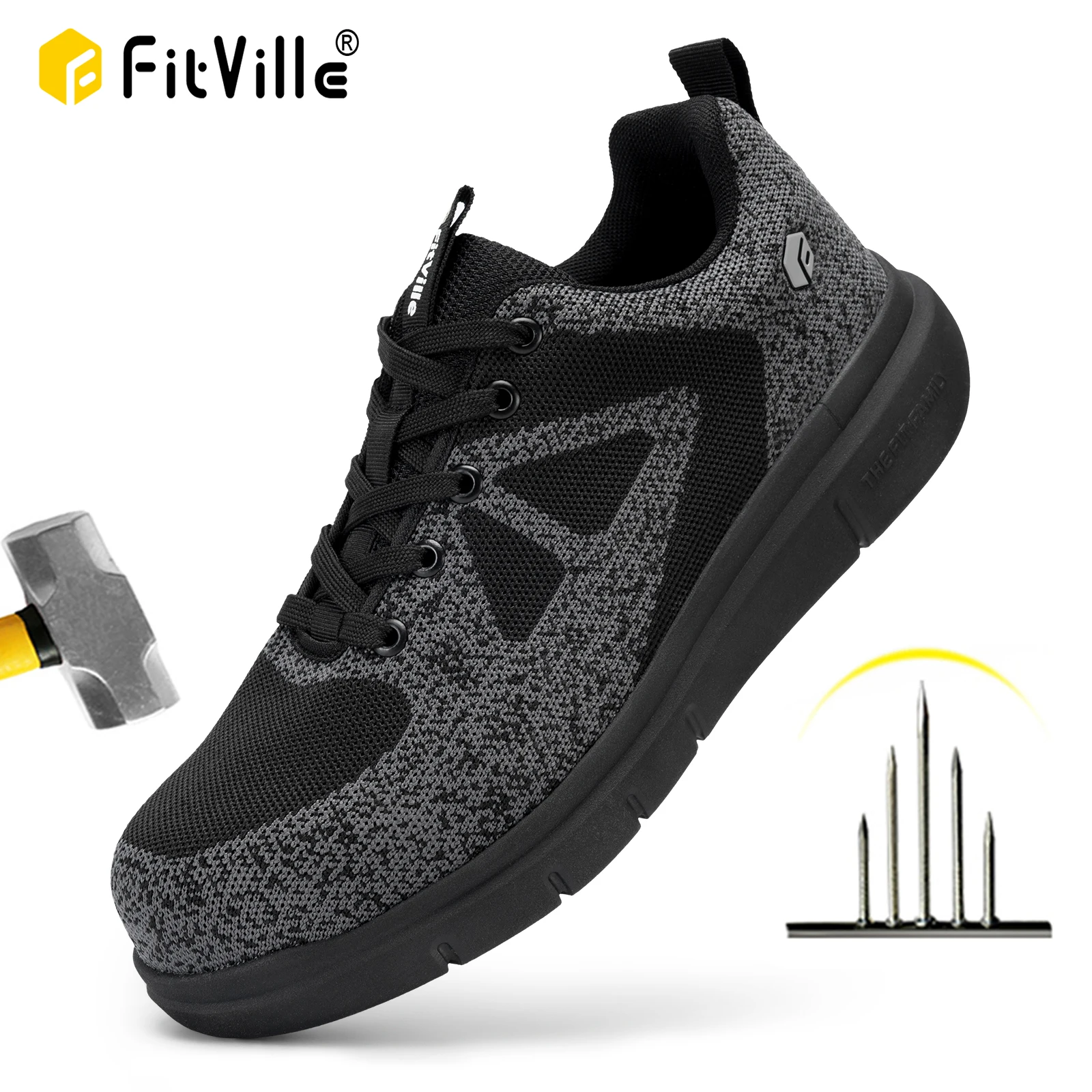 FitVille Men's Safety Shoes With Steel Toe Cap Anti-smash Men Work Shoes Sneakers Light Puncture-Proof Indestructible Shoes