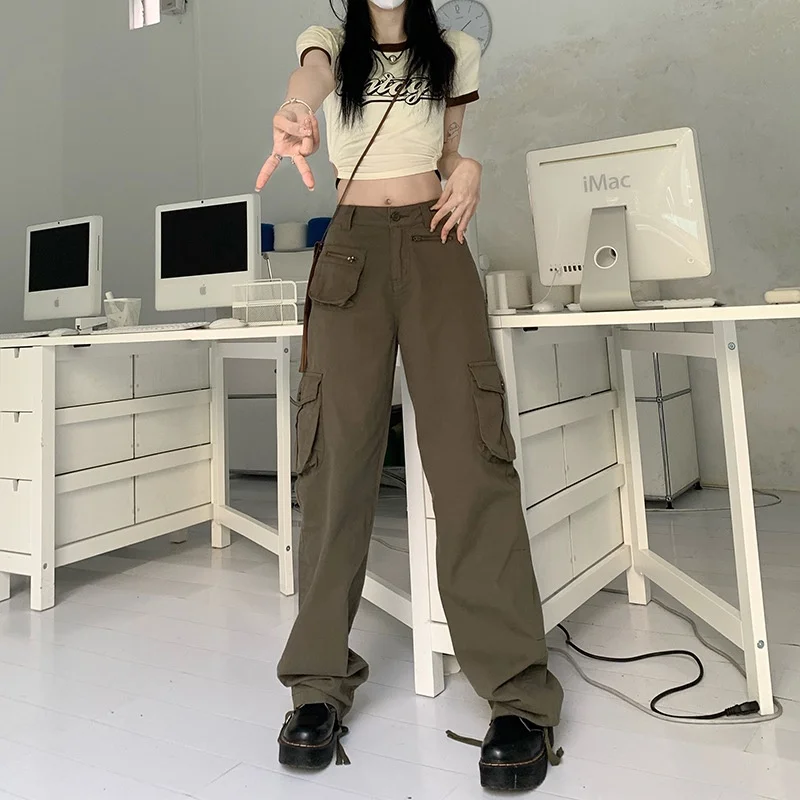 الأمريكية الرجعية العسكرية العمل السراويل النساء شارع العليا Ins كول الساخن فتاة عالية الخصر فضفاضة واسعة الساق جينز غير رسمي