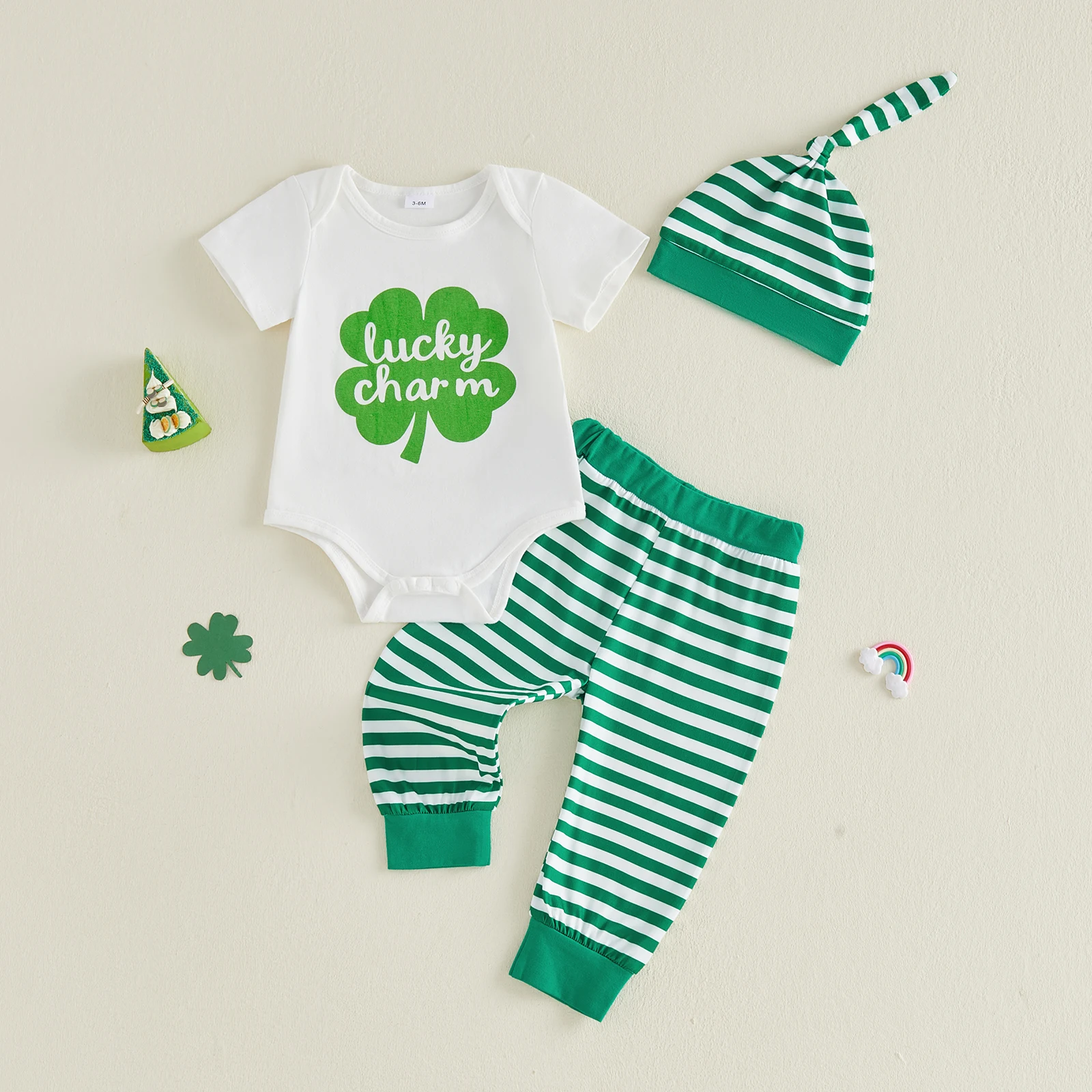 3Pcs Infant Boy Irish Outfit Short Sleeve Crew Neck Shamrock Letters Print Romper Elastic Waist Striped Pants and Hat