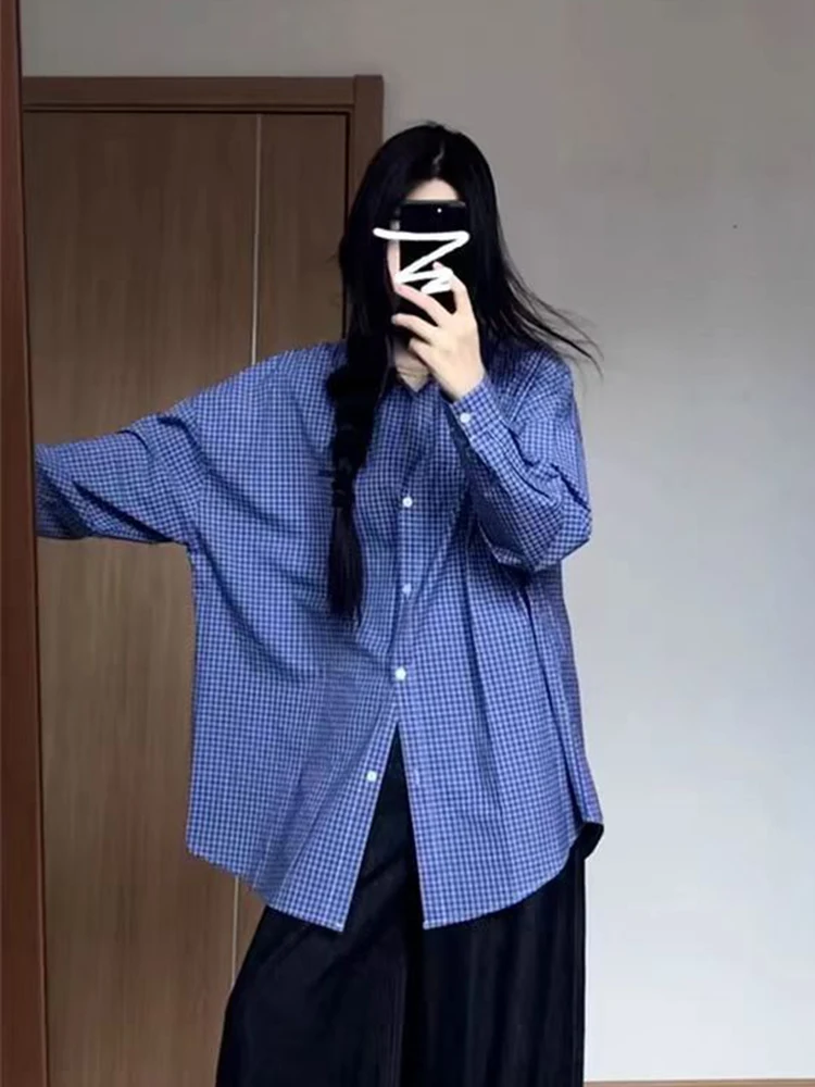 Preppy Style Blue Plaid Shirt Women Loose Long Sleeve Vintage Fall Blouse Oversize Casual Korean Retro Female All Match Tops New